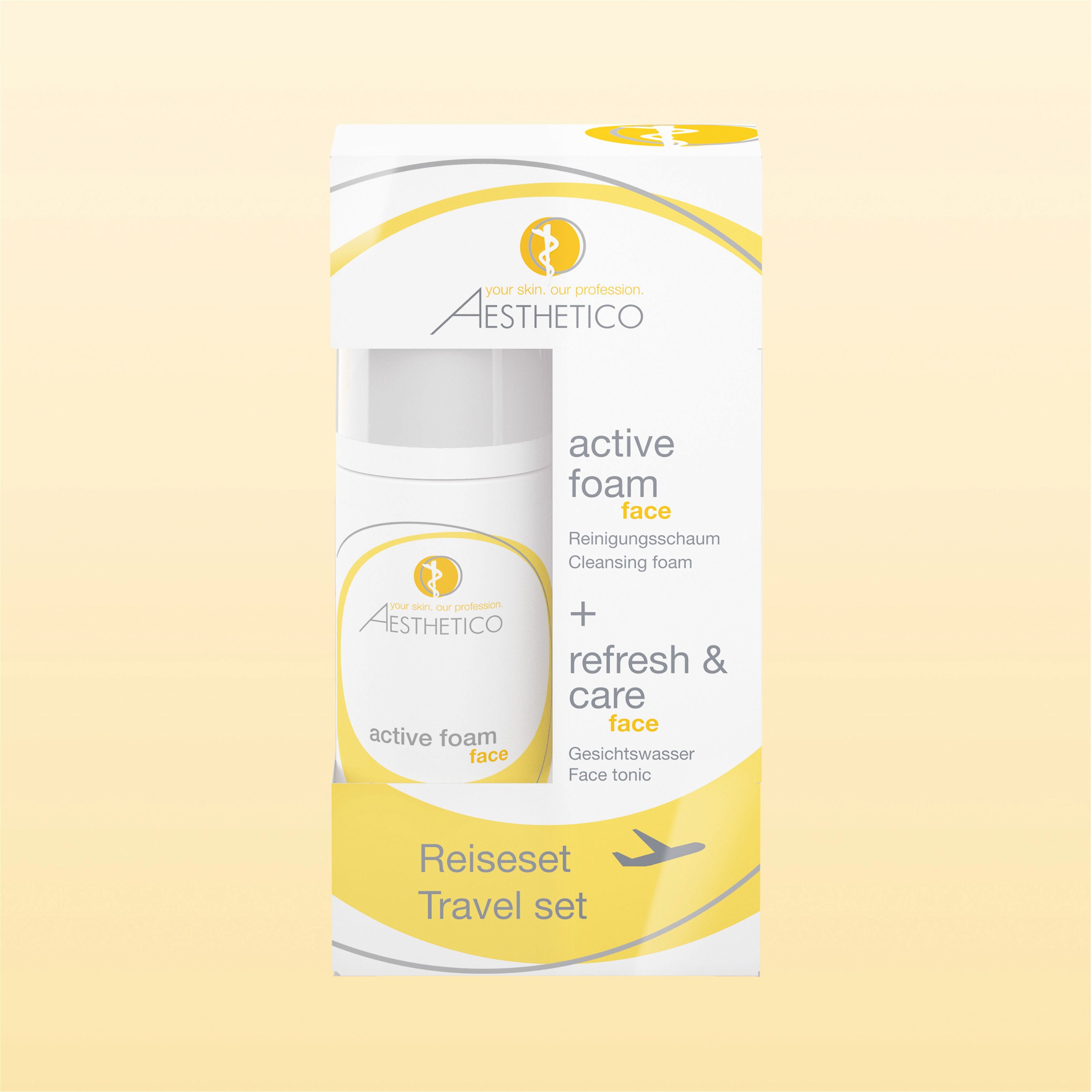 Umverpackung AESTHETICO Reiseset refresh & care + active foam, 2x 50 ml